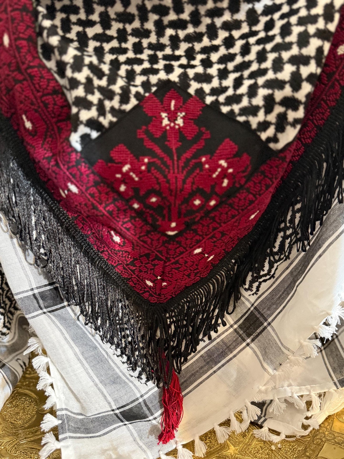 Handmade Palestinian Keffiyeh with Red Tatreez