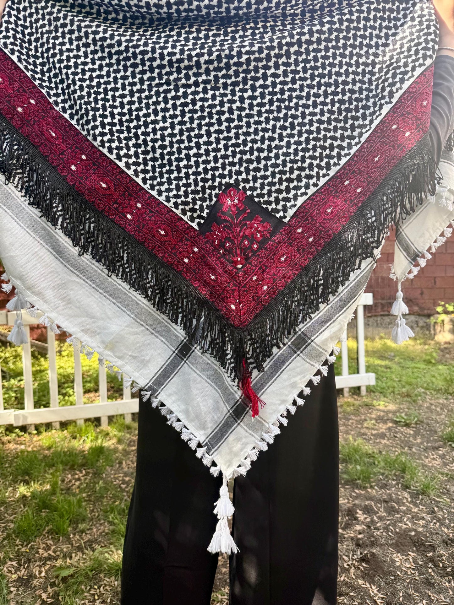 Handmade Palestinian Keffiyeh with Red Tatreez