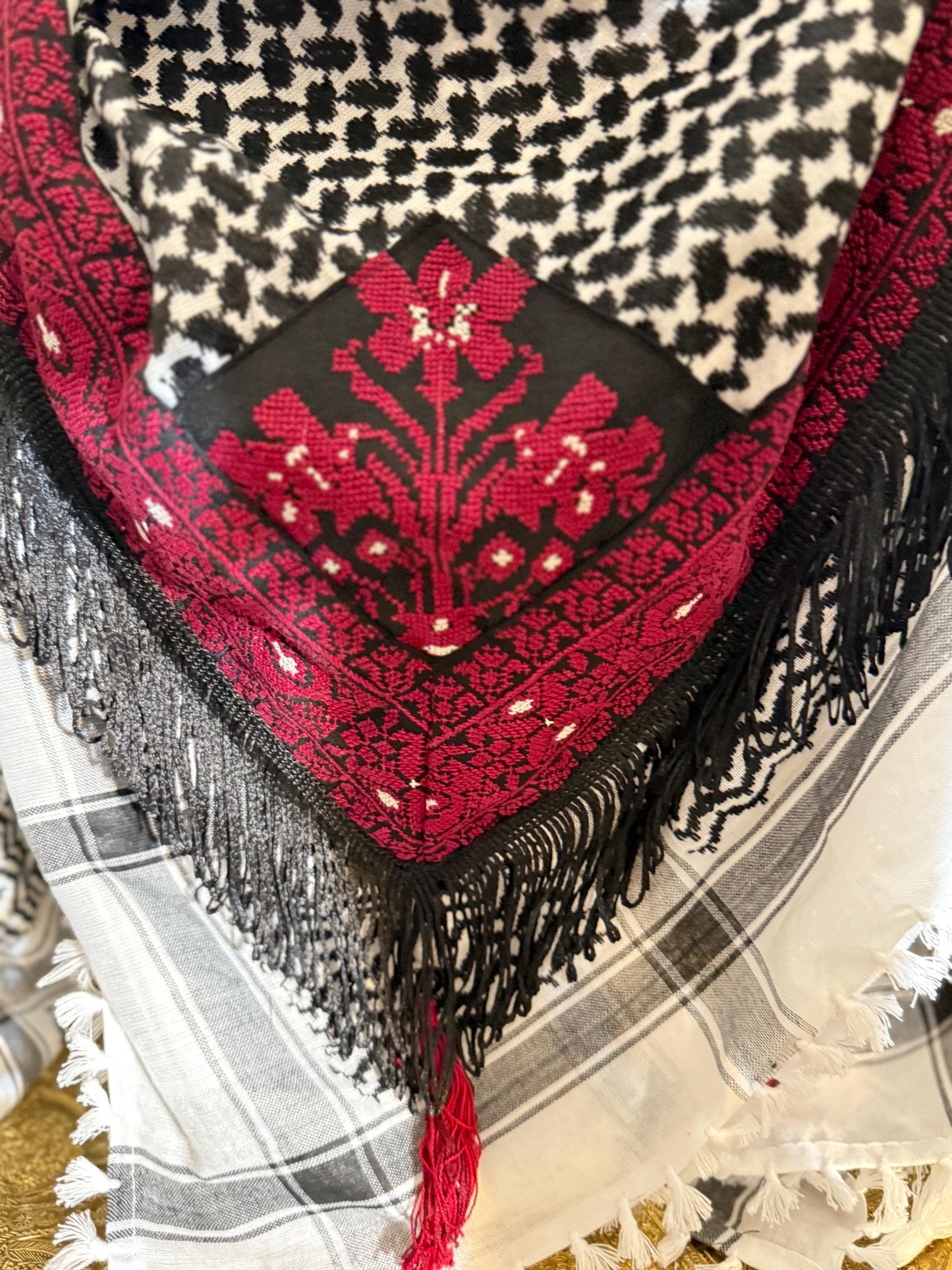 Handmade Palestinian Keffiyeh with Red Tatreez