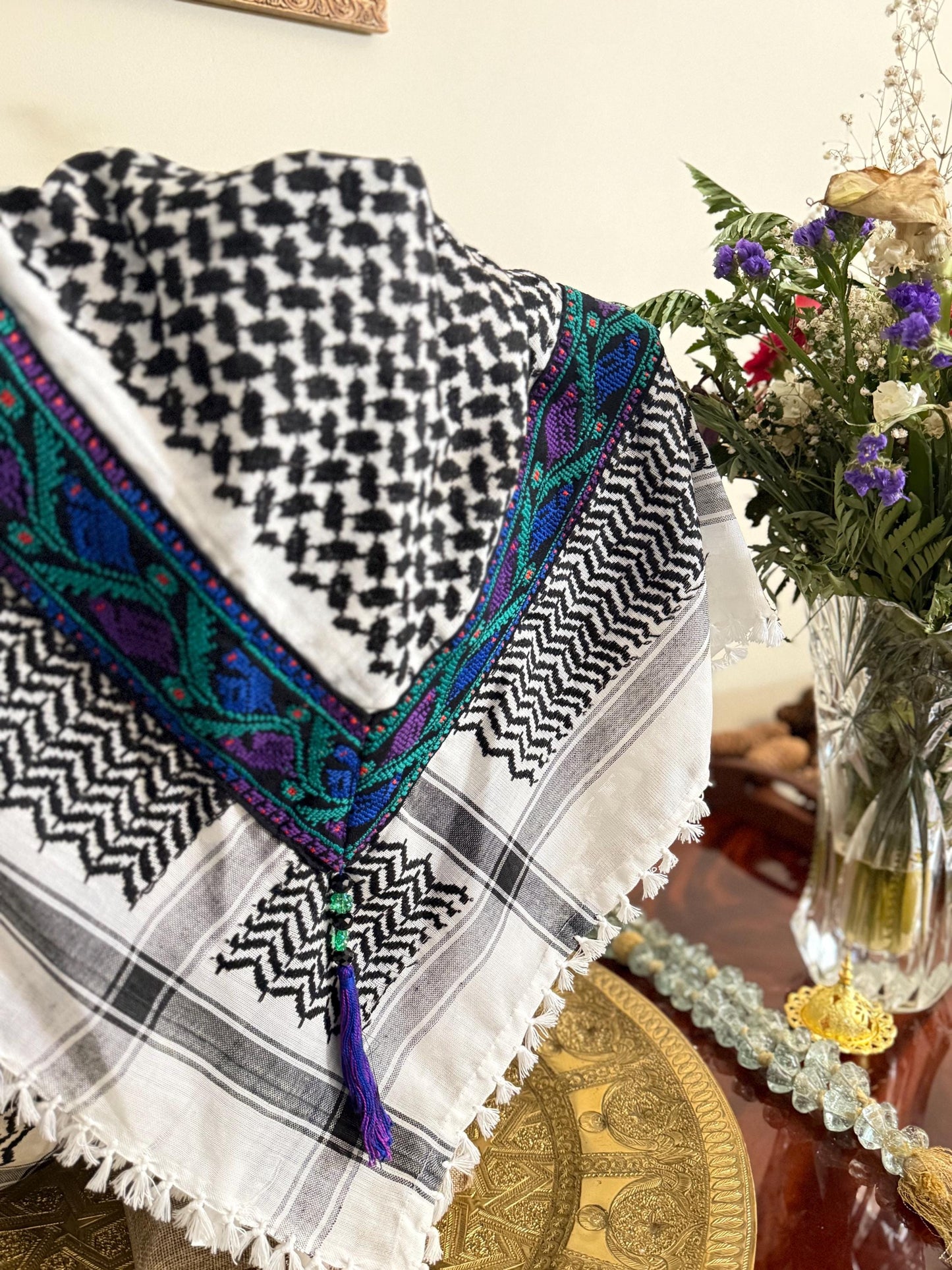 Traditional Palestinian Keffiyeh – Blue & Black Tatreez