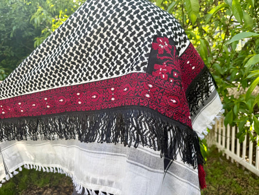 Handmade Palestinian Keffiyeh with Red Tatreez