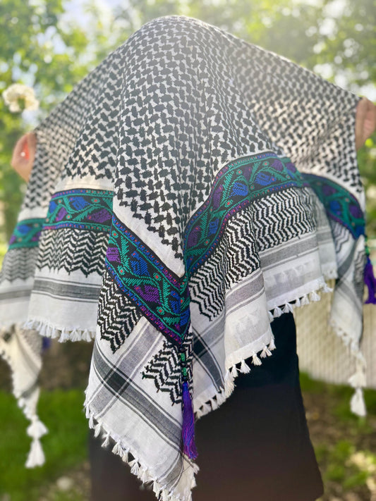 Traditional Palestinian Keffiyeh – Blue & Black Tatreez